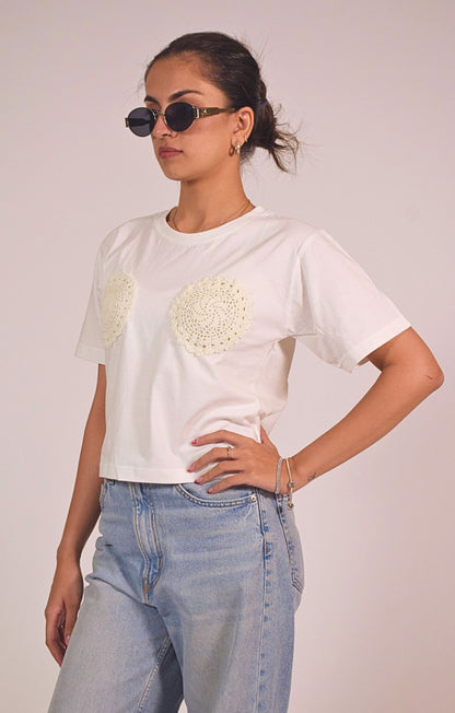 Quirky Crochet Embellished Handcrafted Crop T Shirt White