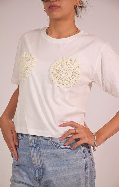 Quirky Crochet Embellished Handcrafted Crop T Shirt White