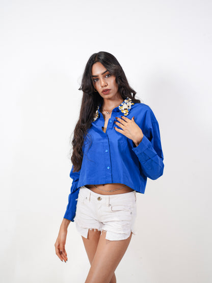 Sea Shell Embellished Handcrafted Crop Shirt Blue