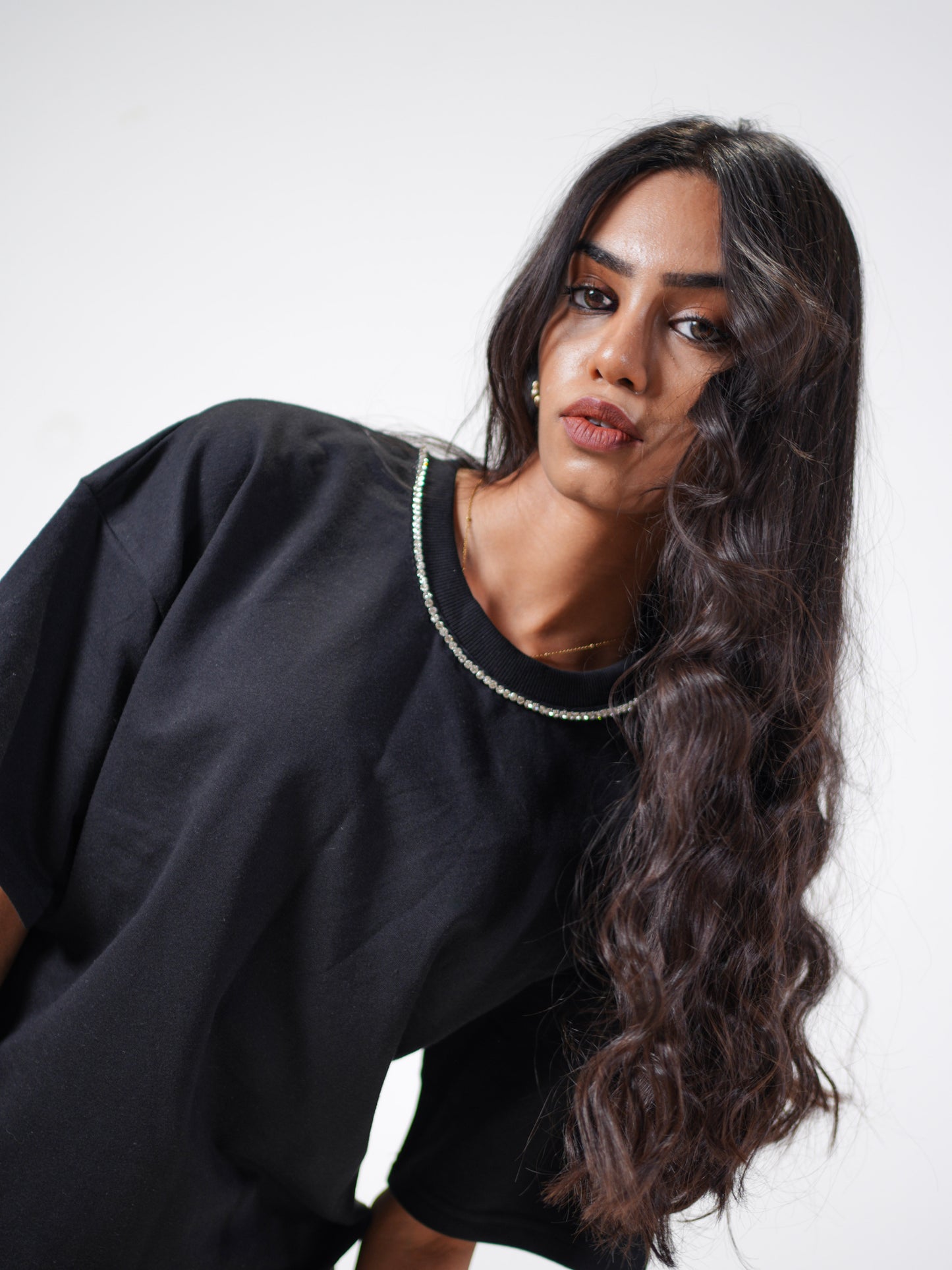Crystal Bow Embellished Handcrafted Oversized Tshirt Dress Black