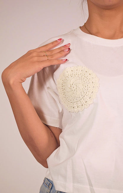 Quirky Crochet Embellished Handcrafted Crop T Shirt White
