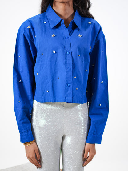 Galaxy Stone Embellished Handcrafted Crop Shirt Blue