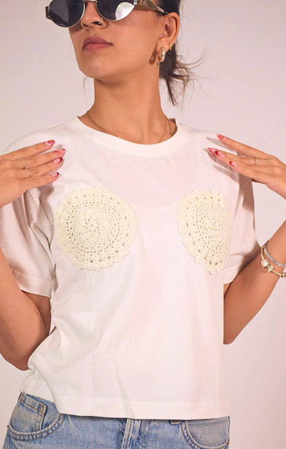 Quirky Crochet Embellished Handcrafted Crop T Shirt White