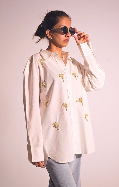 Tree Of life Embellished Handcrafted Oversized Shirt White