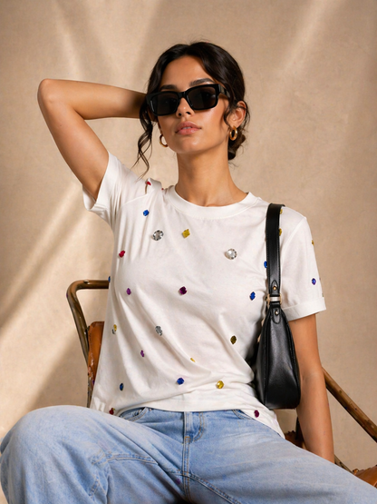 9 Stone Embellished Handcrafted oversized T Shirt White