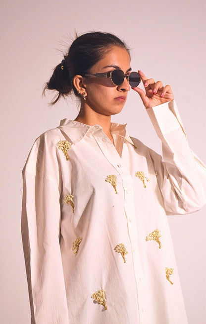 Tree Of life Embellished Handcrafted Oversized Shirt White
