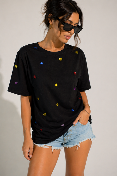 9 Stone Embellished Handcrafted oversized T-Shirt Black