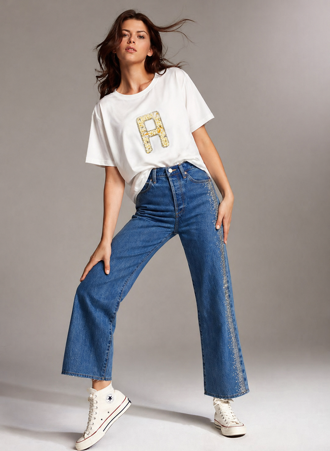 Personalized alphabet hand embroidered embellished oversized T-shirt  White
