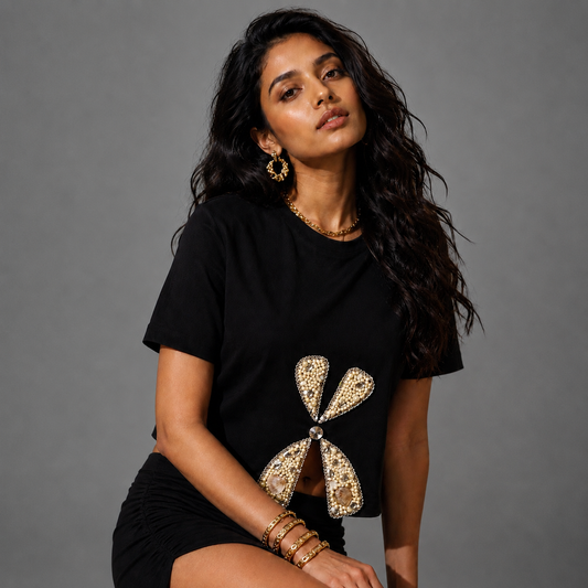 Bow Aura Handcrafted Embellished Crop T-shirt Black