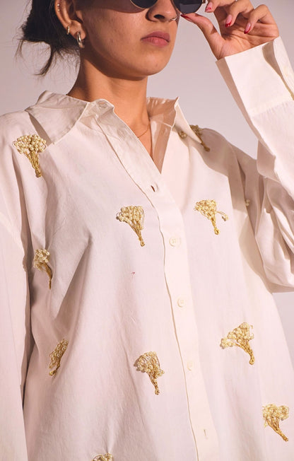 Tree Of life Embellished Handcrafted Oversized Shirt White