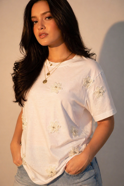 Flower Embellished Handcrafted oversized T-Shirt White