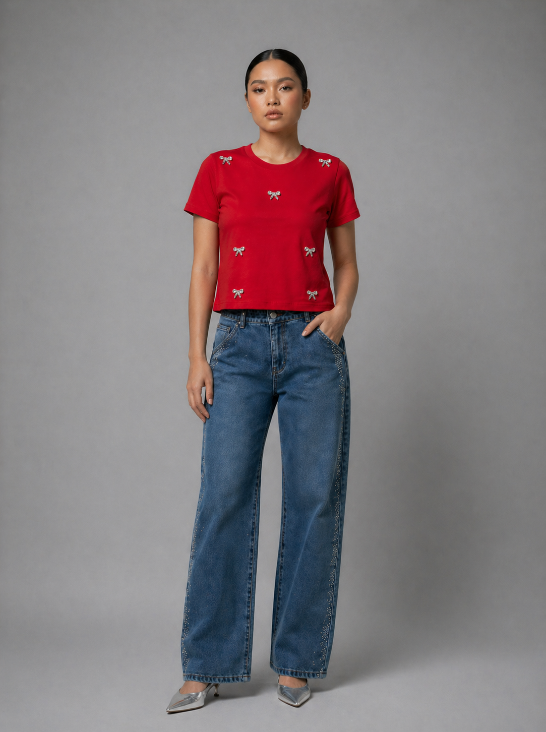 Bow Bliss Embellished Handcrafted Crop T-shirt Red