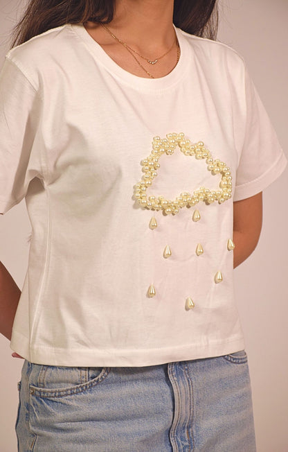Rain Embellished Handcrafted Crop T Shirt White
