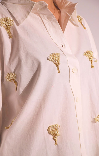 Tree Of life Embellished Handcrafted Oversized Shirt White