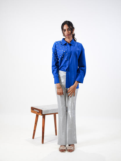 Boujee Pearl Embellished Handcrafted Oversized Shirt Blue