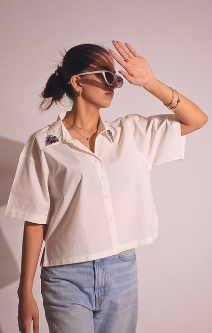 Royal Embellished Handcrafteds Crop Shirt White