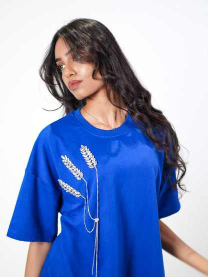 The Grain Embellished Handcrafted Oversized Tshirt Dress Blue