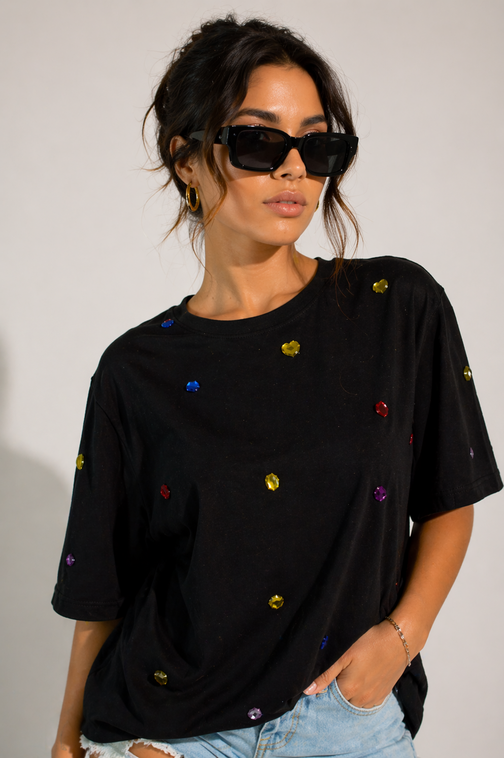 9 Stone Embellished Handcrafted oversized T-Shirt Black