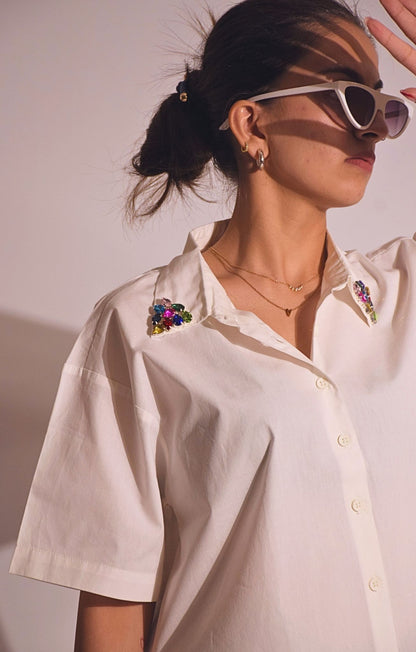 Royal Embellished Handcrafteds Crop Shirt White