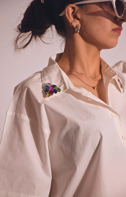 Royal Embellished Handcrafteds Crop Shirt White