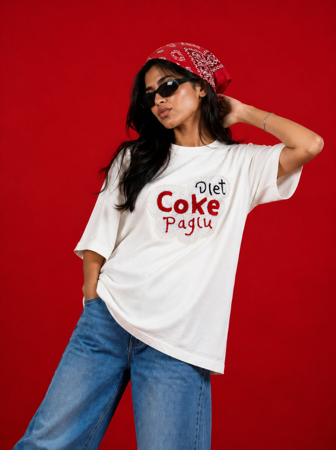 Coke Paglu Hand Embroidered oversized T Shirt White