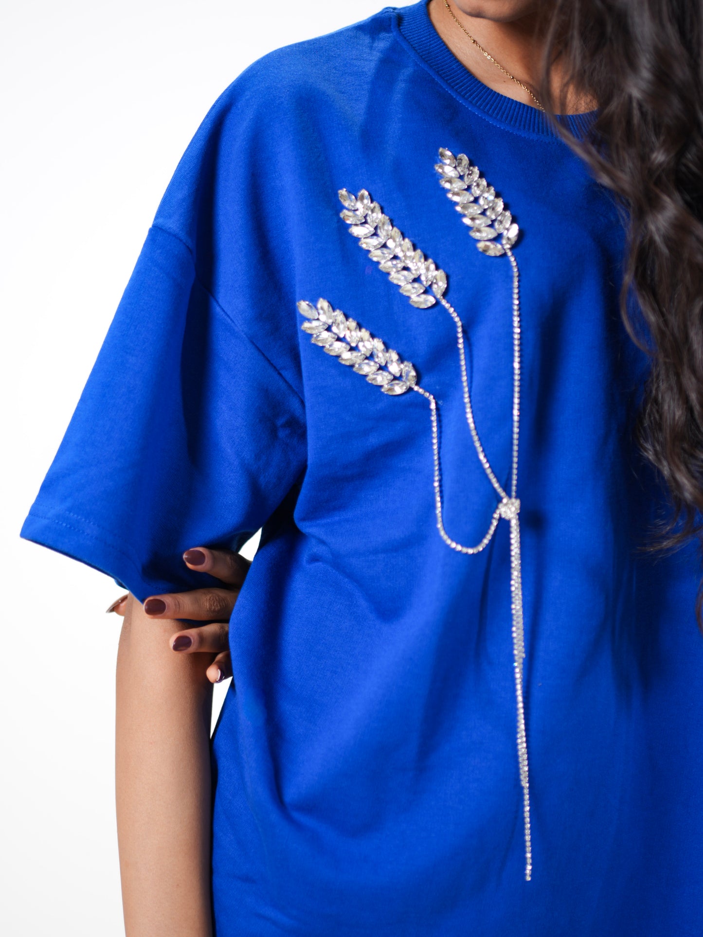 The Grain Embellished Handcrafted Oversized Tshirt Dress Blue
