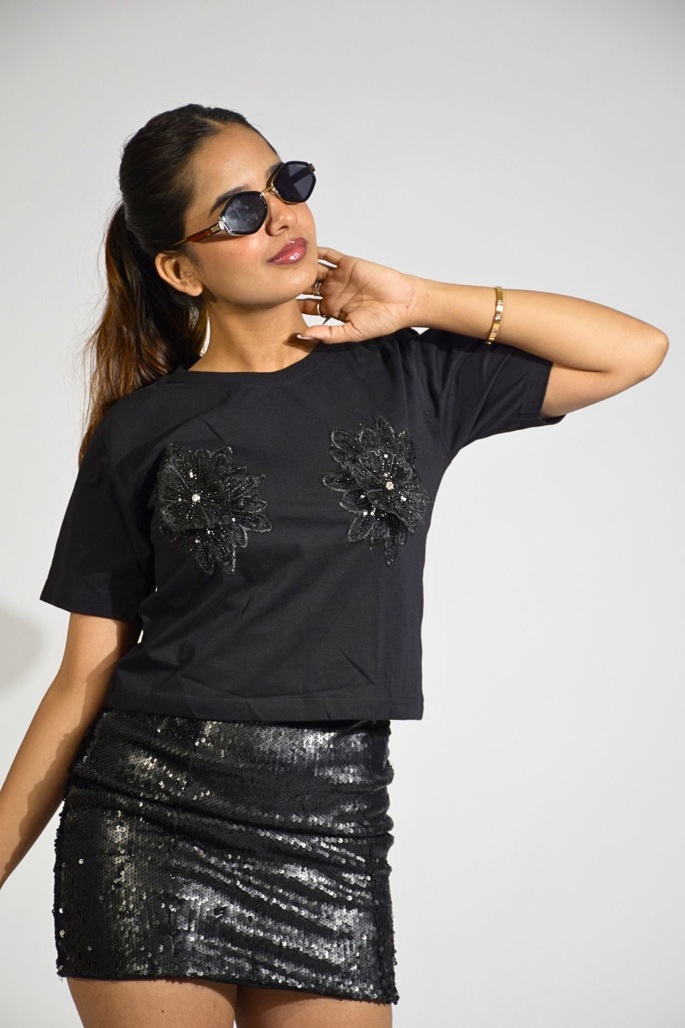 Quirky Flower Embellished Handcrafted Crop T-Shirt Black