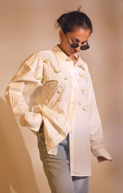 Island Embellished Handcrafted Oversized Shirt White