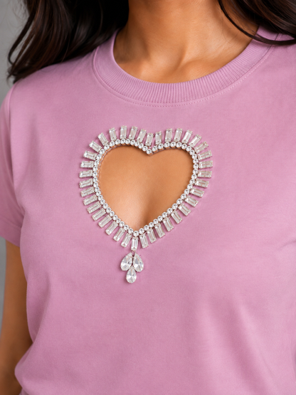 Heart Pop Handcrafted Embellished Crop T-shirt Pink