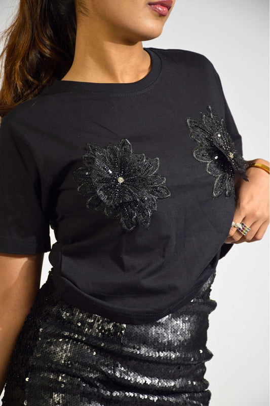 Quirky Flower Embellished Handcrafted Crop T-Shirt Black