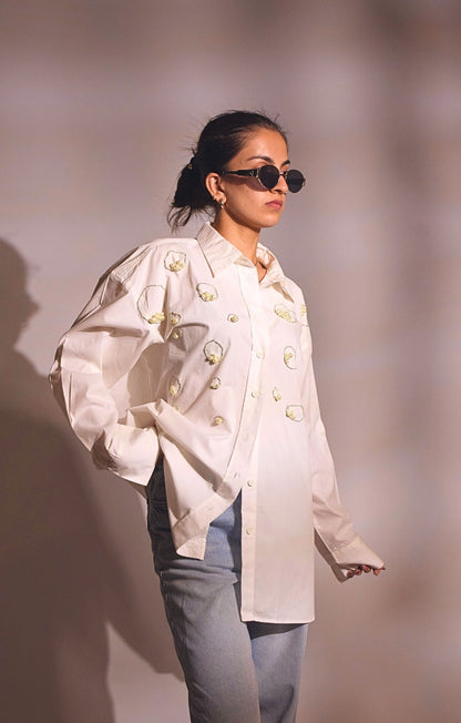 Island Embellished Handcrafted Oversized Shirt White