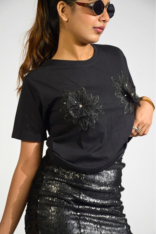 Quirky Flower Embellished Handcrafted Crop T-Shirt Black