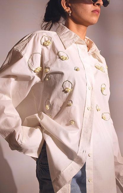 Island Embellished Handcrafted Oversized Shirt White