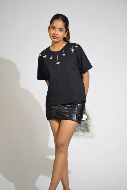 Chandelier Embellished Handcrafted Crop T-Shirt Black