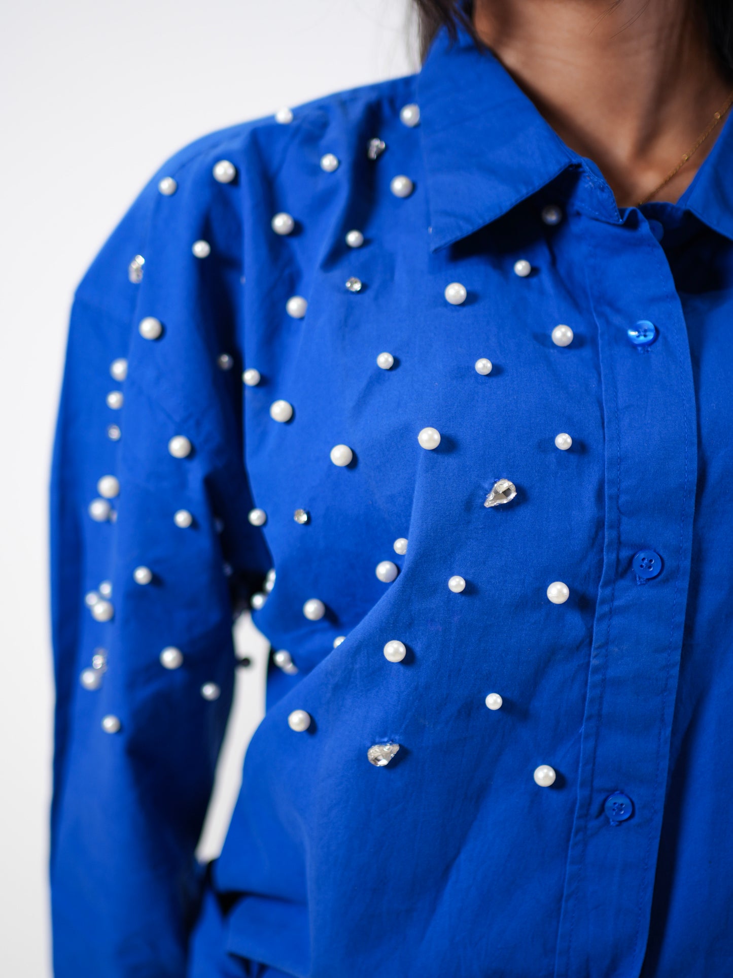 Boujee Pearl Embellished Handcrafted Oversized Shirt Blue