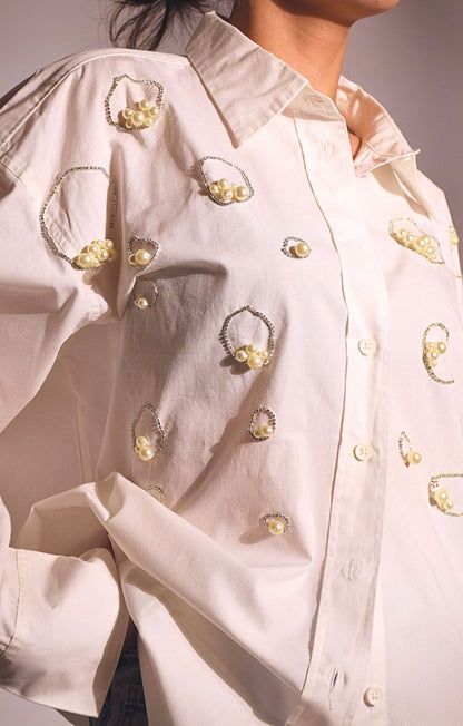 Island Embellished Handcrafted Oversized Shirt White