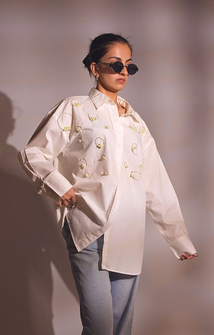 Island Embellished Handcrafted Oversized Shirt White