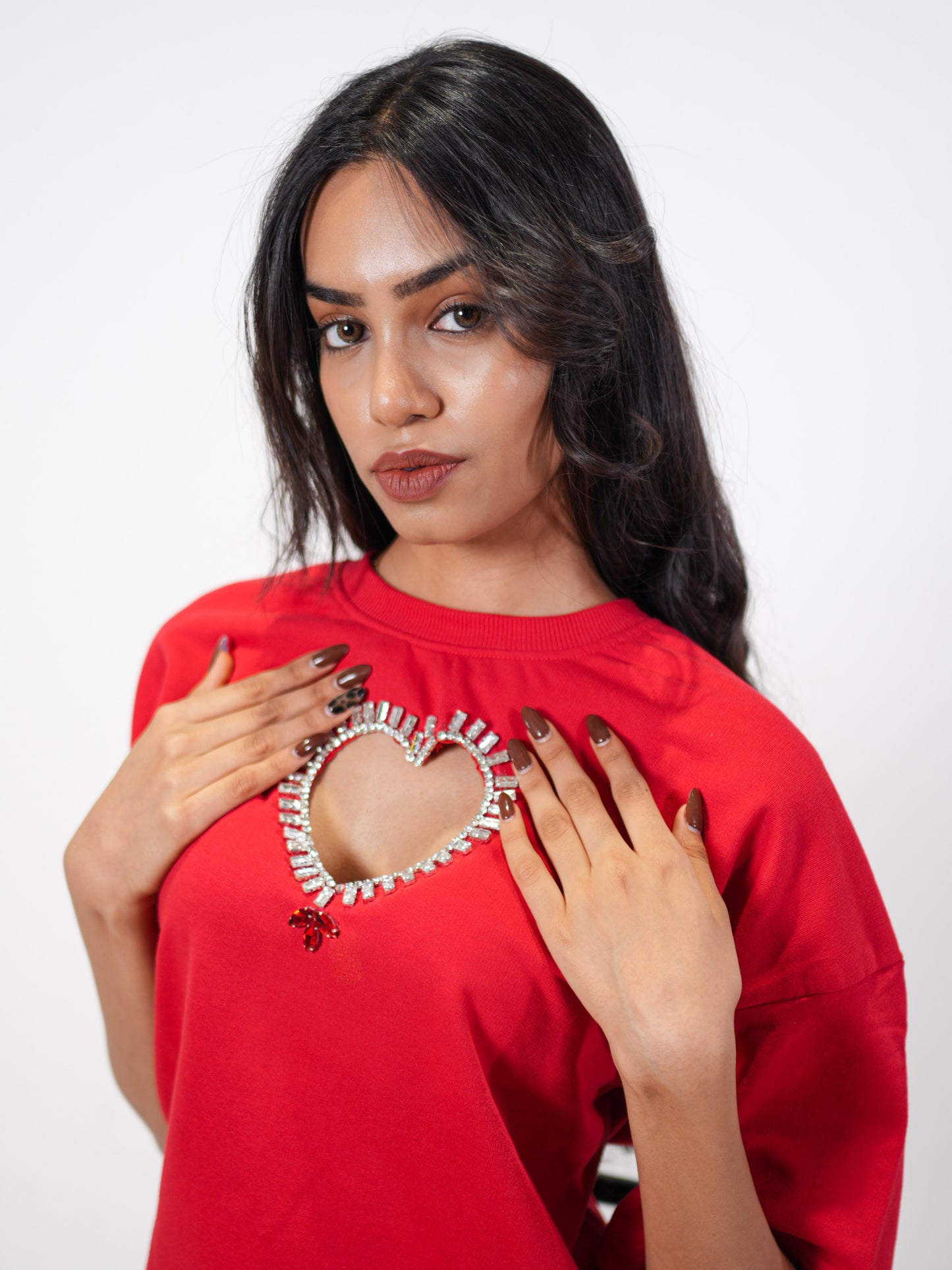 Queen of Heart Embellished Handcrafted Oversized Tshirt Dress Red