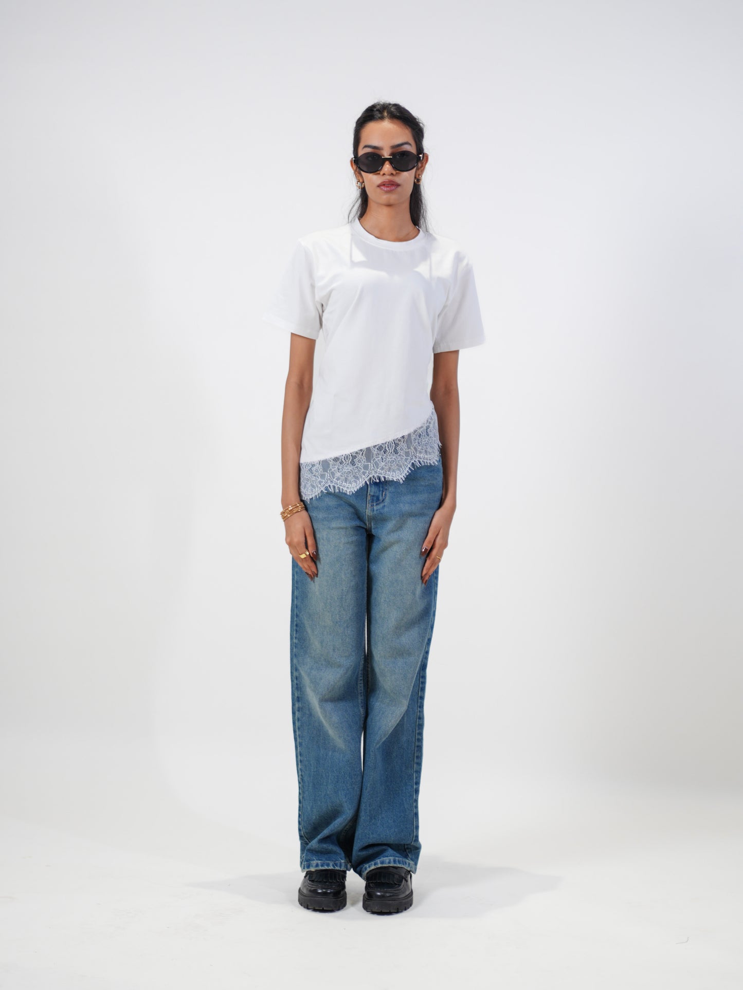 Lace Affair Embellished Handcrafted Relaxed Fit T-Shirt White