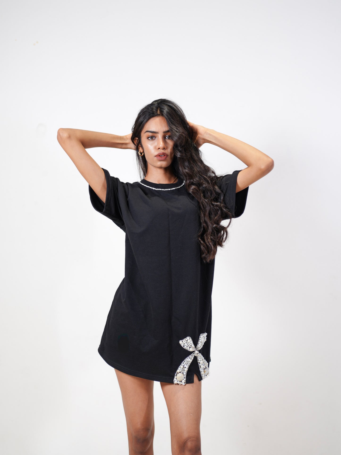 Crystal Bow Embellished Handcrafted Oversized Tshirt Dress Black