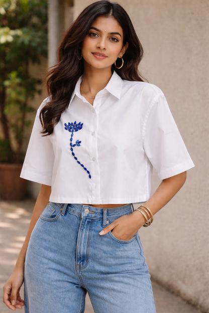 Sapphire Charm Embellished Handcrafted Crop Shirt White