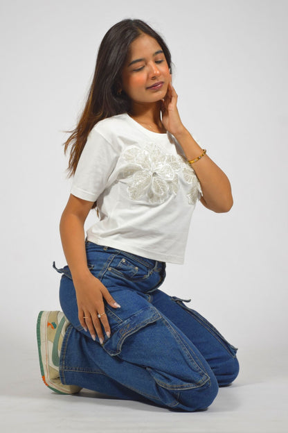 Quirky Flower Embellished Handcrafted Crop T-Shirt White