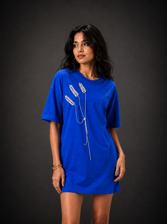 The Grain Embellished Handcrafted Oversized Tshirt Dress Blue