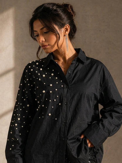 Boujee Pearl Embellished Handcrafted Oversized Shirt Black