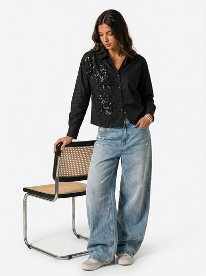 Pearl River Embellished Handcrafted Crop Shirt black
