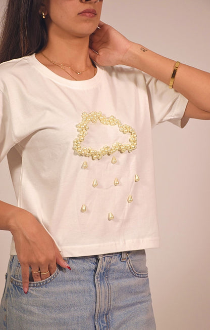 Rain Embellished Handcrafted Crop T Shirt White