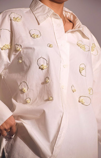 Island Embellished Handcrafted Oversized Shirt White