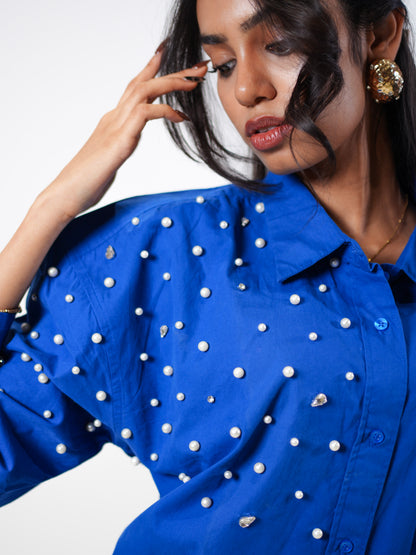 Boujee Pearl Embellished Handcrafted Oversized Shirt Blue