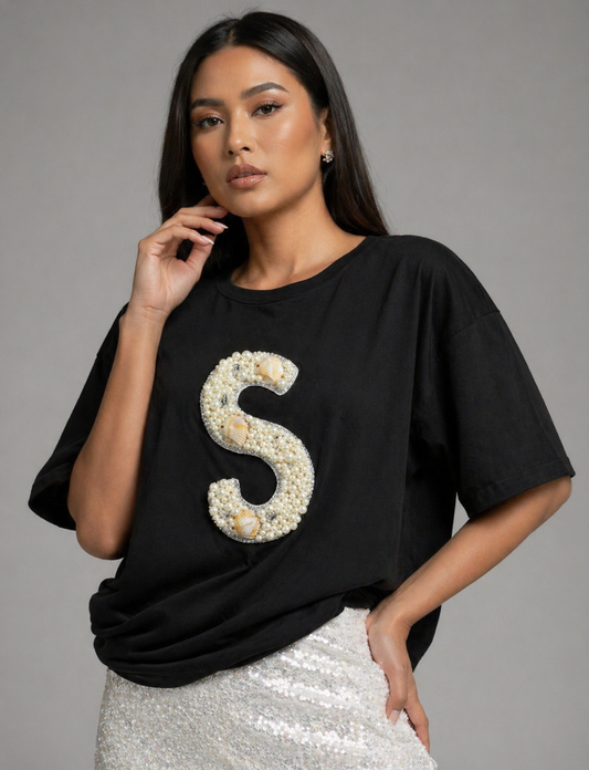 Personalized alphabet hand embroidered embellished oversized T-shirt Black