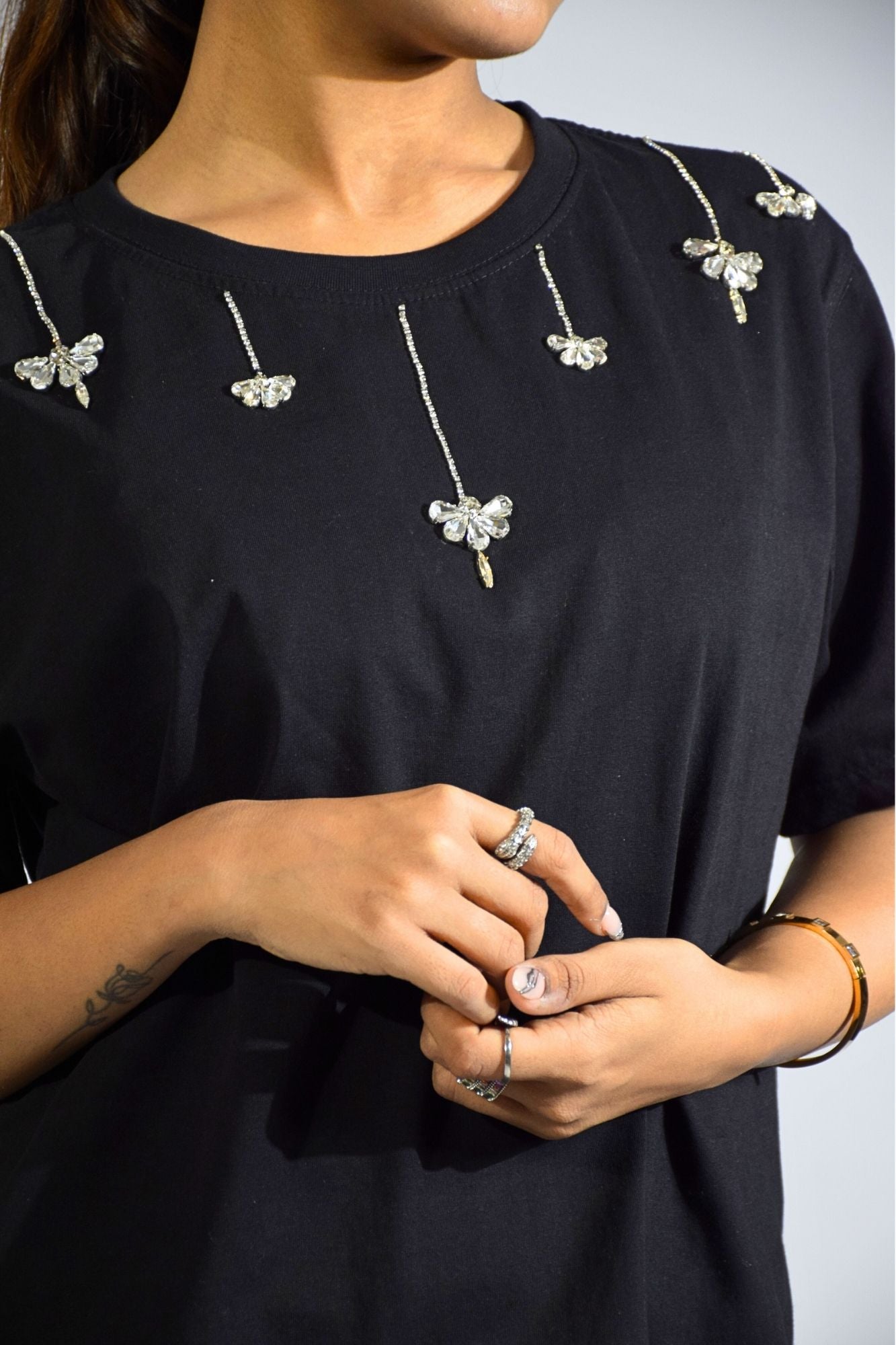 Chandelier Embellished Handcrafted Crop T-Shirt Black